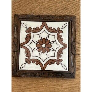 Mexico Tile Trivot Brown Pottery Wood Frame Footed Dal-Tile Floral